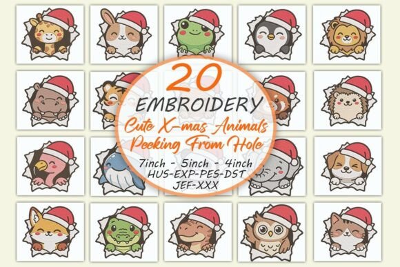 Christmas Animals Peeking from Hole Embroidery Bundle