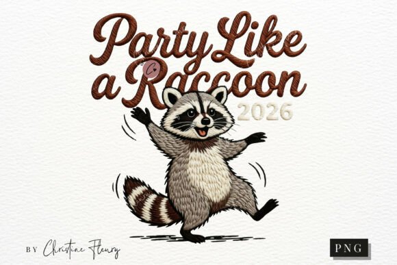 NYE Funny Raccoon PNG, Faux Embroidery